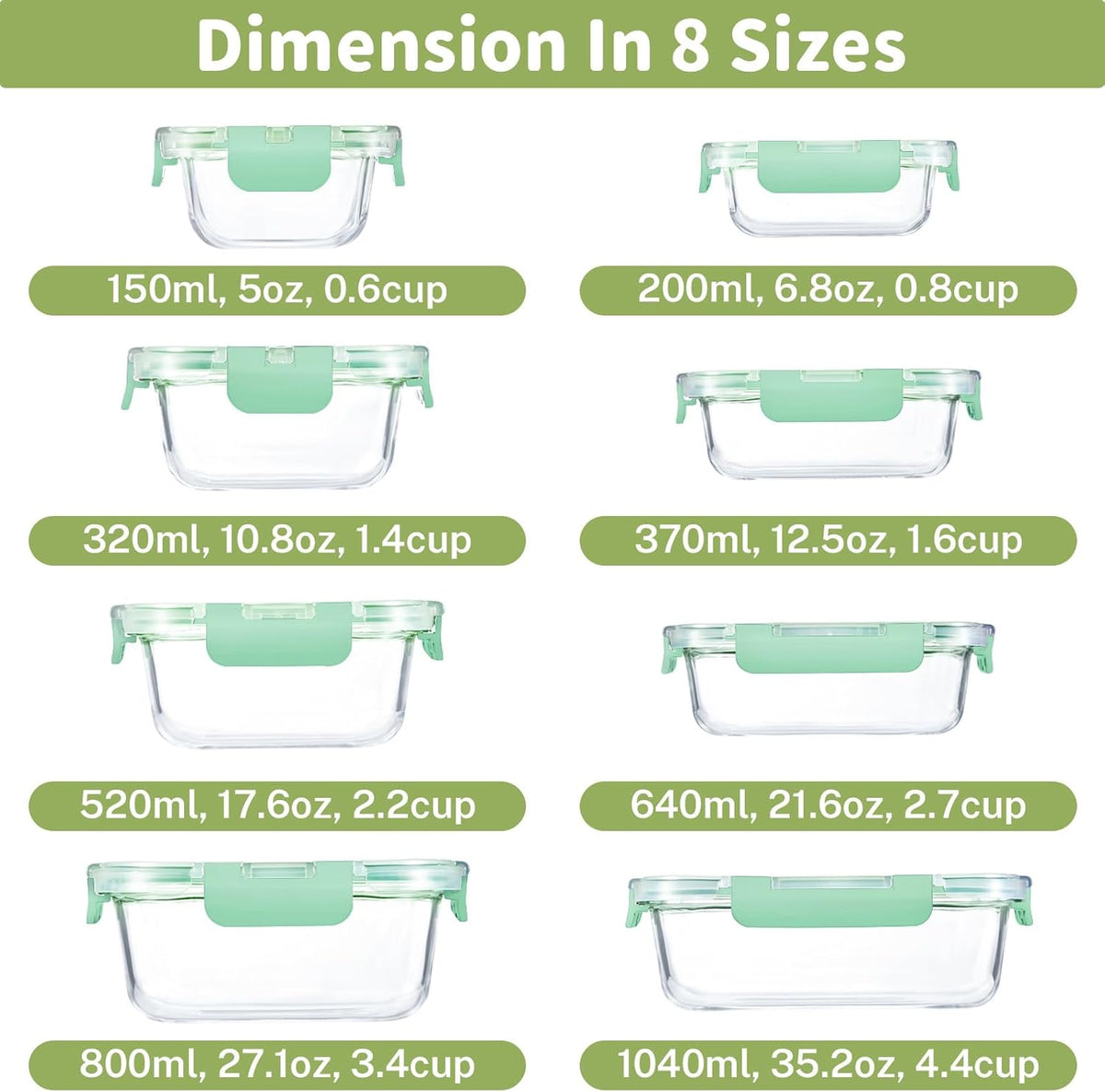8 Pack Borosilicate Glass Food Storage Containers with Lids, Glass Meal Prep Containers, Airtight Bento Lunch Boxes with Snap Locks, Oven, Freezer and Dishwasher Safe, BPA Free, Kitchen Storage Set