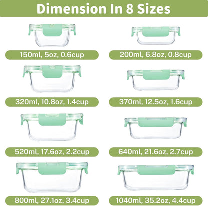 8 Pack Borosilicate Glass Food Storage Containers with Lids, Glass Meal Prep Containers, Airtight Bento Lunch Boxes with Snap Locks, Oven, Freezer and Dishwasher Safe, BPA Free, Kitchen Storage Set