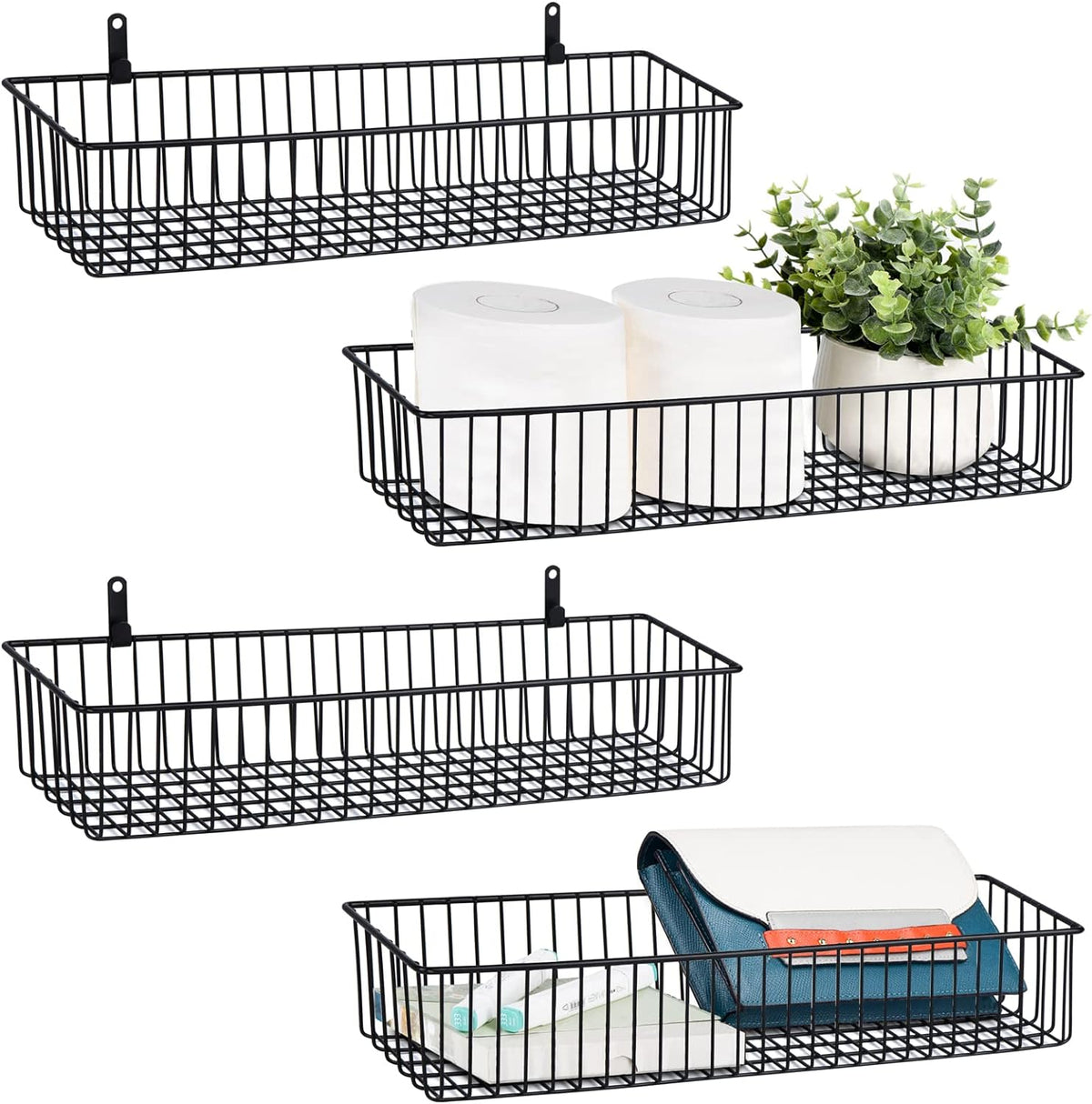 3 Pack Extra Large Wire Basket with Metal Handles, Metal Basket for organizers and storage, Wire Storage Baskets for Pantry, Cabinet, Fridge, Kitchen, Wardrobe, Garage, Bathroom, Black