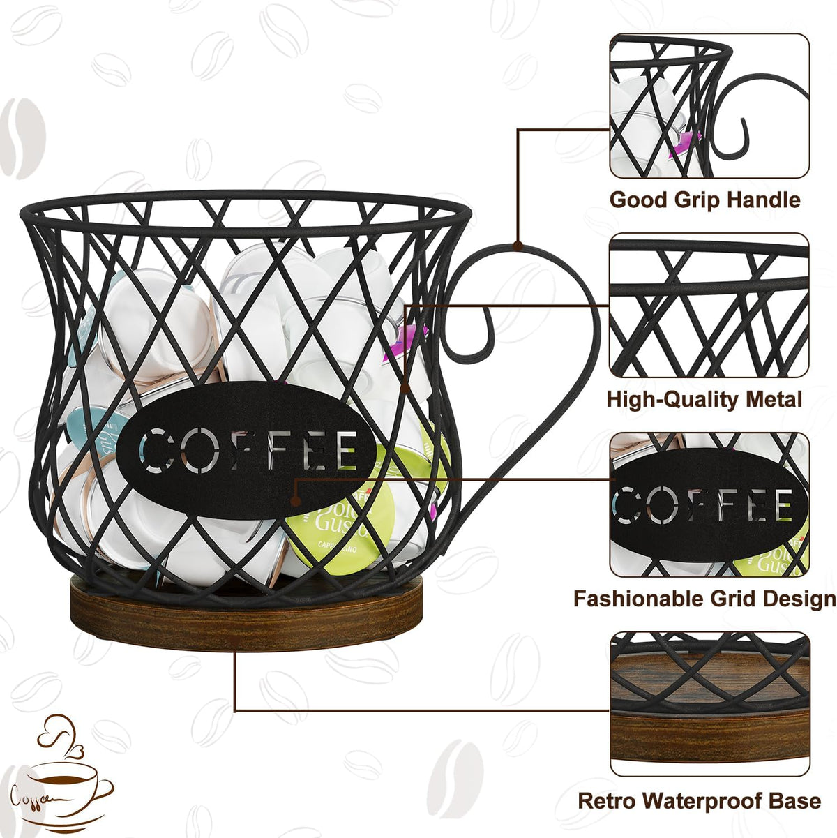 YINMIT K Cup Holder Organizer, Sturdy Coffee Pod Holder Organizer, 35 Kcup Large Capacity Storage Basket for Kitchen Counter and Office Desktop (Circular Grid)