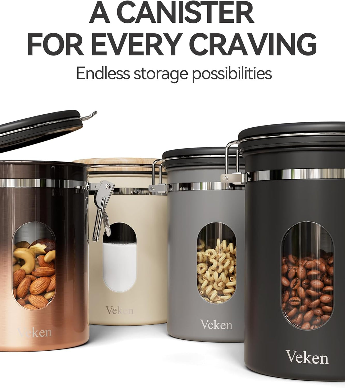 Veken Coffee Canister with Window, Family Choice Awards Winner, Airtight Stainless Steel Home Kitchen Food Storage Container with Lids for Grounds, Beans, Tea, Flour,Cereal,Sugar Jars,Scoop,16OZ,Black