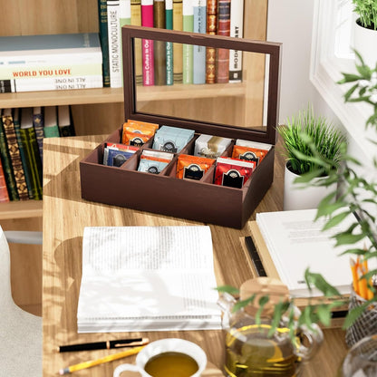 Alsonerbay Wooden Tea Box Tea Bag Holder Kitchen Storage Chest Box for Spice Pouches and Sugar Packets with 8 Compartments and Glass Window Weathered Black