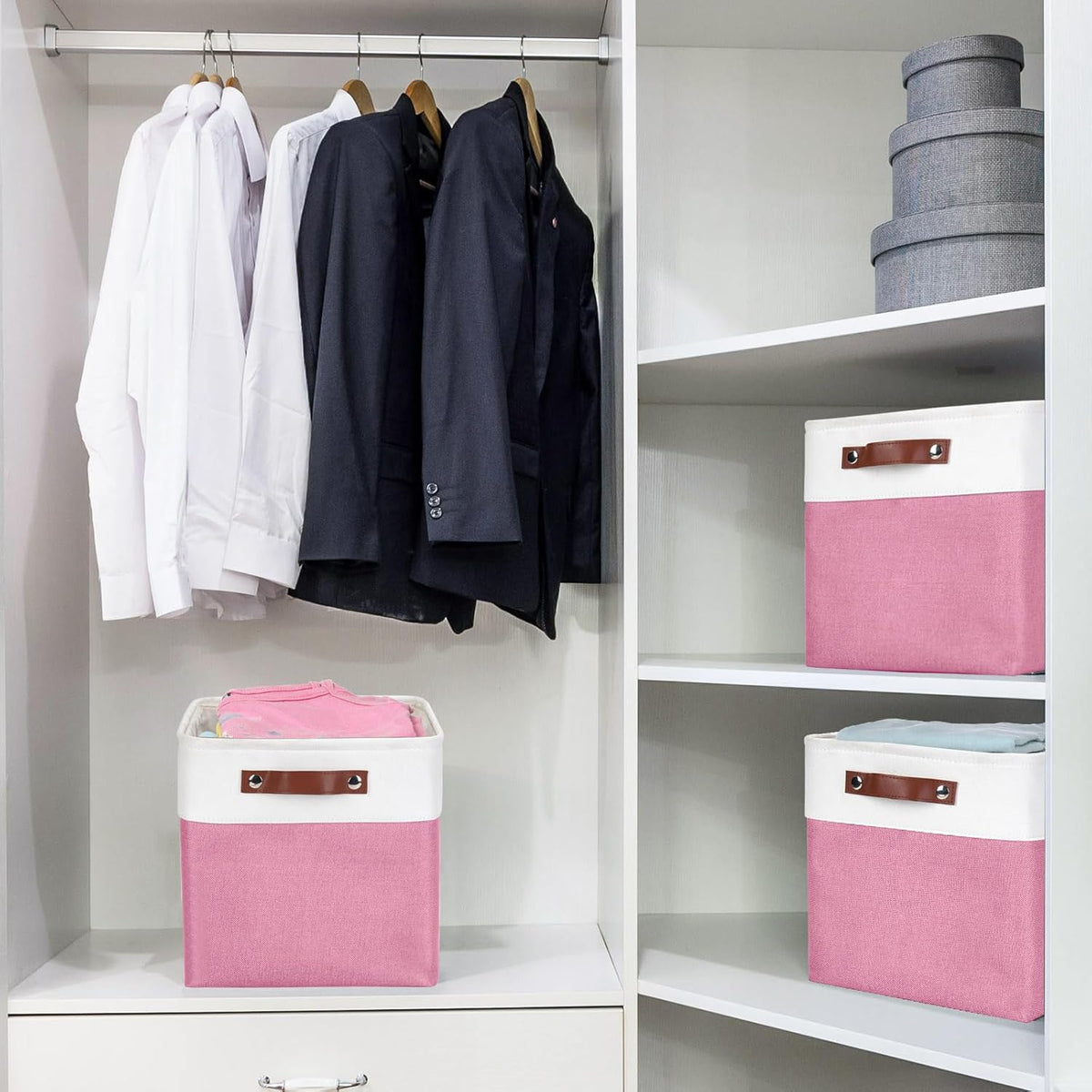 Bagnizer Large Fabric Storage Baskets | 50L Storage Bins, Decorative Linen Closet Baskets with Handles for Organizing, Shelf, Toys, Clothes, Home, Office, Nursery, 17x12x15Inches (Grey&White)