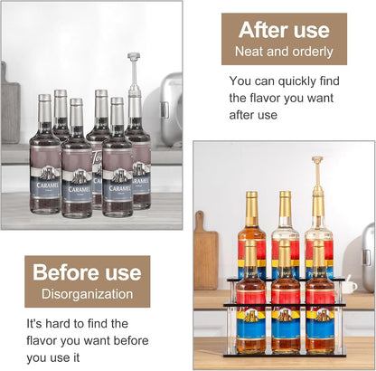 Acrylic Coffee Syrup Organizer, 2 Tier Coffee Syrup Rack (6 Bottle Capacity), Syrup Bottle Holder Stand for Coffee Bar, Kitchen Countertop Syrups, Condiments and Wine (Transparent)