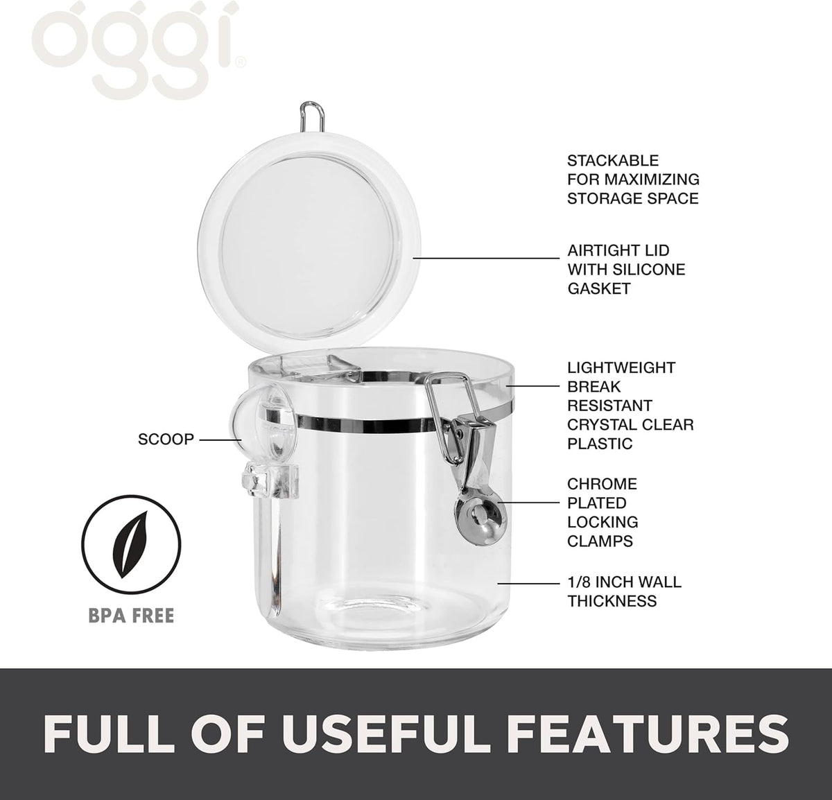 OGGI Clear Canister Airtight 28oz - Clamp Lid & Spoon - Airtight Food Storage Containers, Ideal for Kitchen & Pantry Storage of Bulk, Dry Food Including Flour, Sugar, Coffee, Rice, Tea, Spices & Herbs
