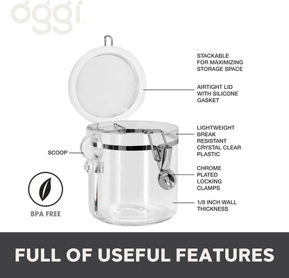 OGGI Clear Canister Airtight 28oz - Clamp Lid & Spoon - Airtight Food Storage Containers, Ideal for Kitchen & Pantry Storage of Bulk, Dry Food Including Flour, Sugar, Coffee, Rice, Tea, Spices & Herbs