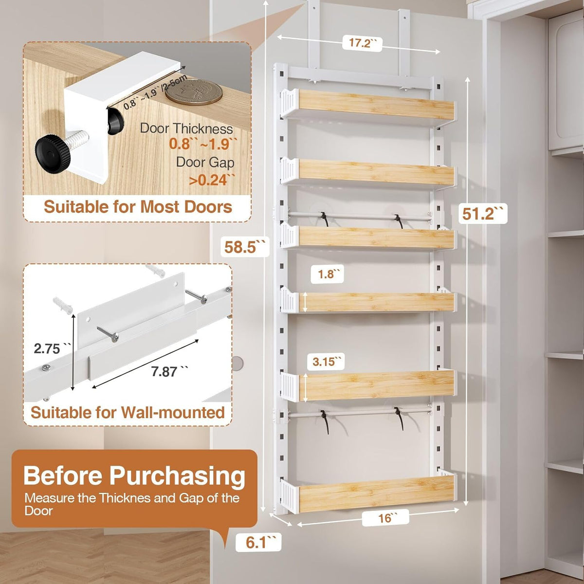8-Tier Over The Door Pantry Organizer, Heavy-Duty Metal Wall Mount or Hanging Spice Rack, behind the door storage Shelves with Adjustable Basket, Back of Door Organizer for Kitchen Cabinet and Closet