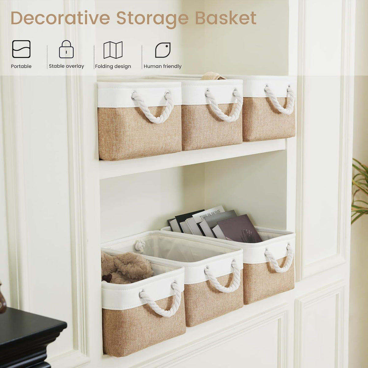 Large Storage Baskets- 15.7x11.8x8.26 inch Storage Bins for Shelves and Closet Organizing, Foldable Fabric Bin for Home Organization Clothes and Laundry (3-Pack, White&Khaki)