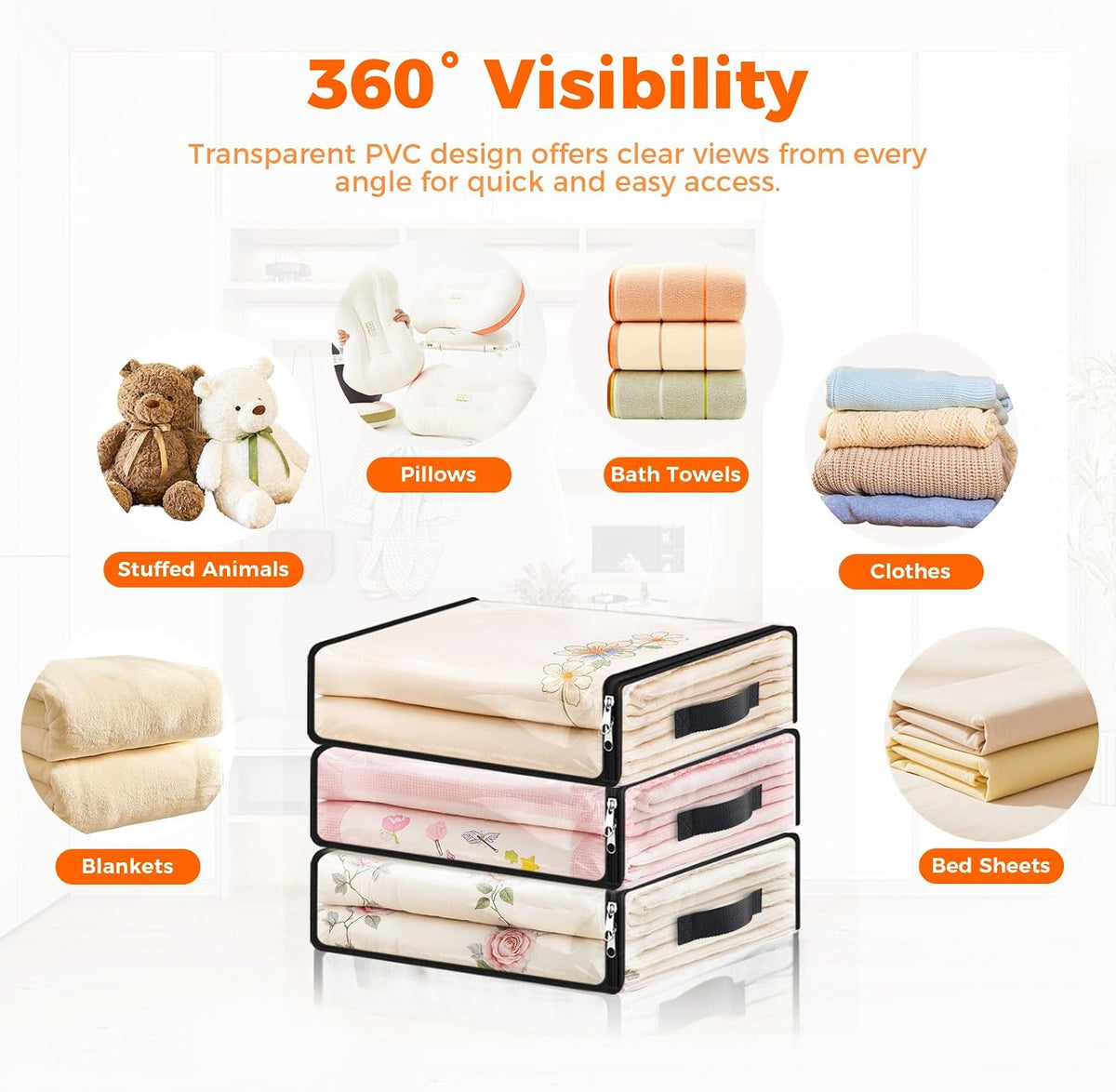 SpaceWhisper 6 Pack Clear Storage Bags, Plastic Blanket Storage Bags with Zipper and Handle, Moving Bags for Comforter, Bedding & Clothes, Closet Organizer and Under Bed Storage (15.7x13.8x3.9 Inch)