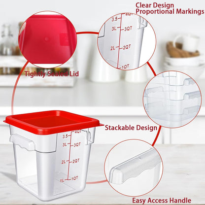 4 Pack 4QT Food Storage Containers with Green Lids, Clear Square Restaurant Commercial Food Storage Containers with Handle and Scale, Marinating Container Dough Rising Bucket for Home & Dining