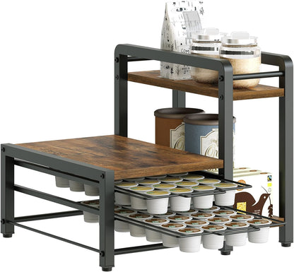 YATINEY Coffee Pod Drawer Holder, Holder for K Cup, Coffee Pod Organizer with 2-Tier Sliding Storage Drawer and Countertop, 56 Pods Capacity, Rustic Brown and Black KH01BR