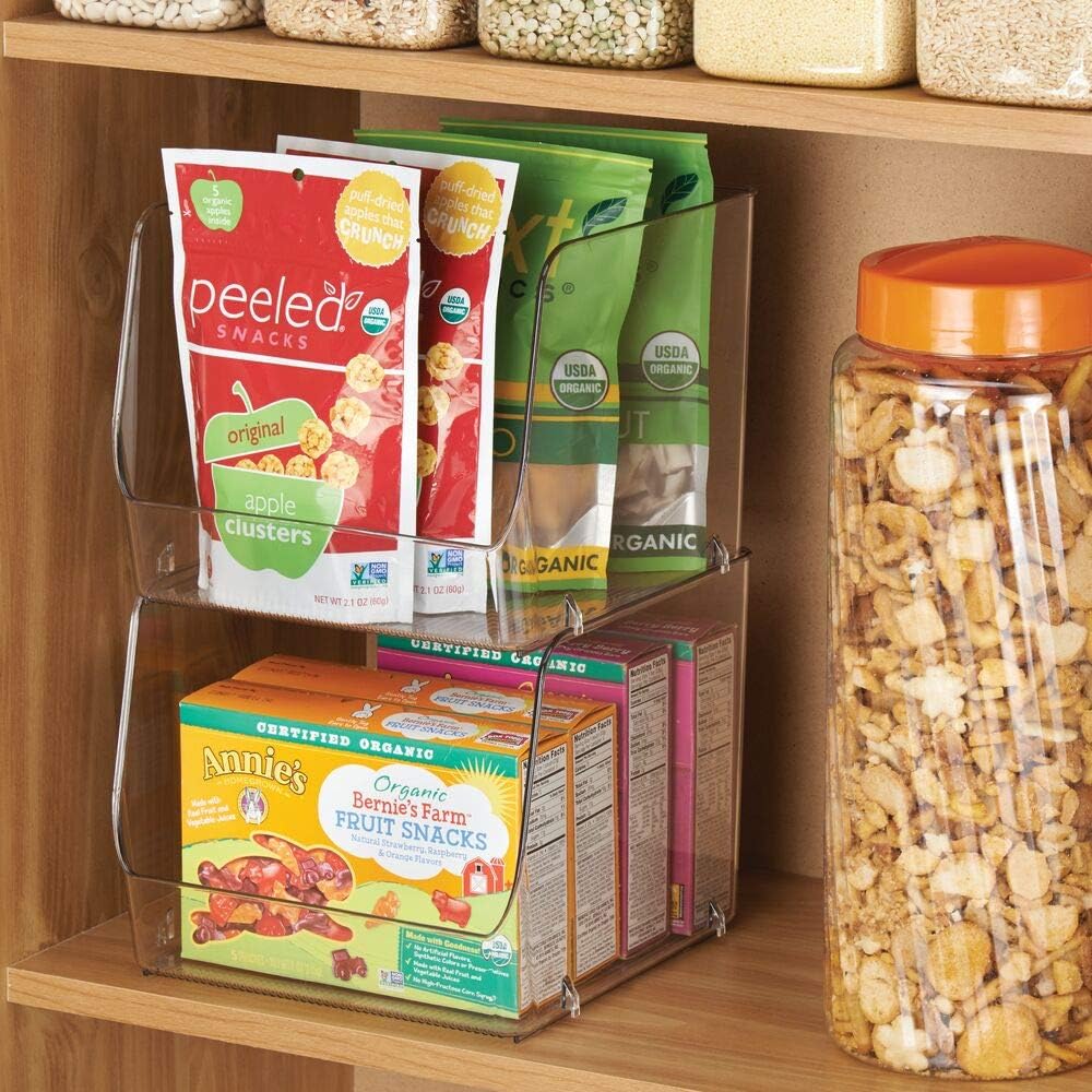 mDesign Wide Stackable Plastic Food Storage Organizer Bin Basket with Open Front for Household Kitchen Cabinets, Pantry, Offices, Closets, Bedrooms, Bathrooms - 10.2" Wide, 2 Pack - Clear