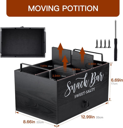 MINCORD Snack Organizer for Countertop, Wood Snack Basket Snack Tray with Handles, 5 Compartment Pantry Storage Bins with Drawer, Food Container Snack Box for Snacks, Chips, Packets