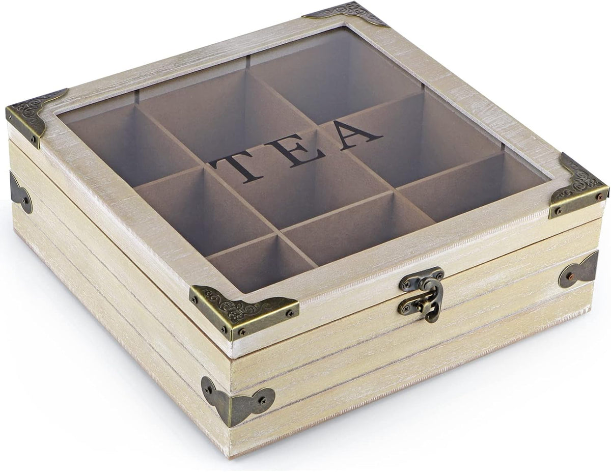 MOLIGOU Wood Tea Box Organizer, Tea Storage Chest with Glass Lid, 9 Compartments, Tea Bag Holder for Cabinet, Pantry