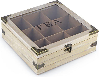MOLIGOU Wood Tea Box Organizer, Tea Storage Chest with Glass Lid, 9 Compartments, Tea Bag Holder for Cabinet, Pantry
