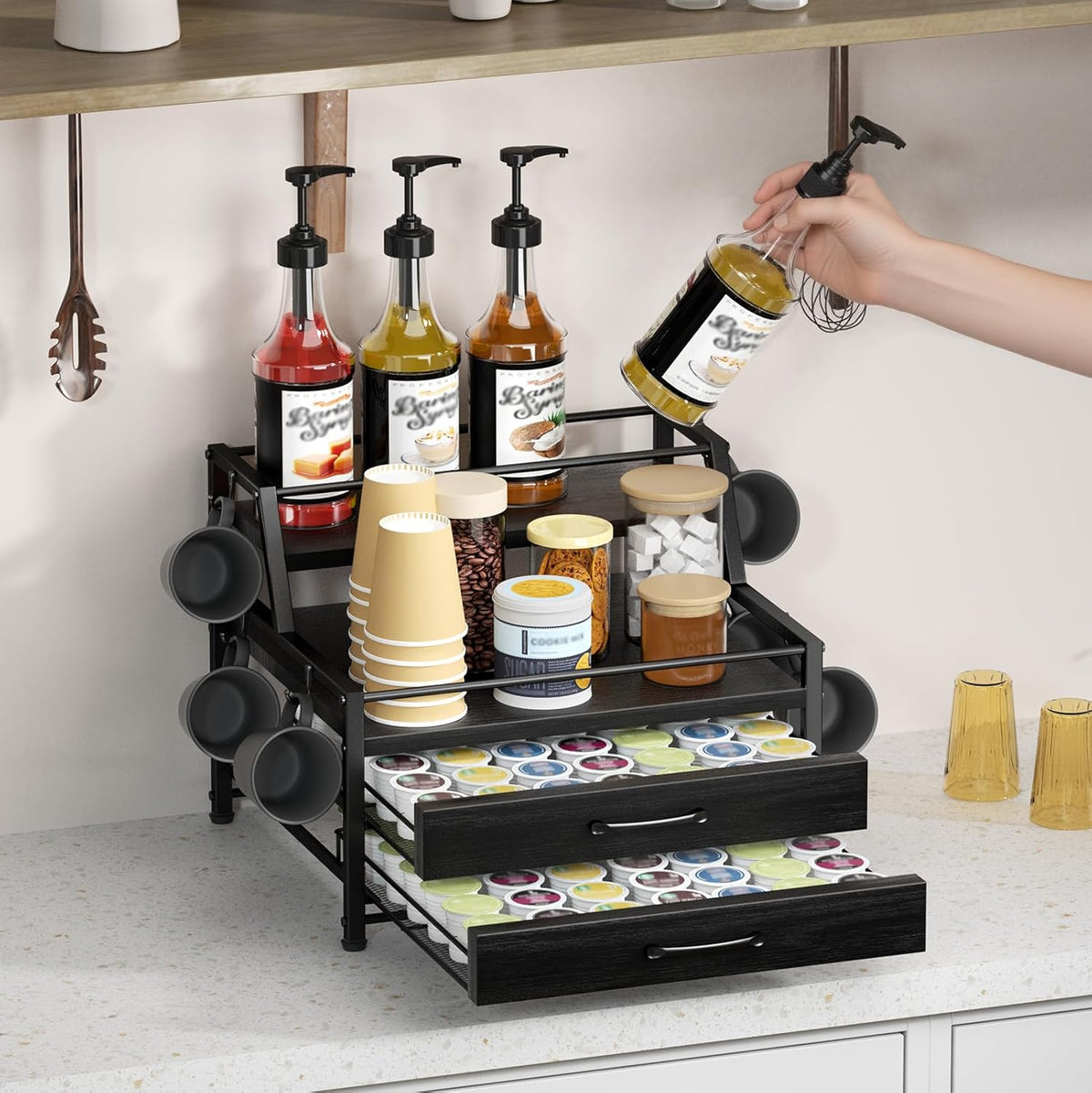 Homsorout Coffee Syrup Rack Organizer - 4-Tier 8 Syrup Wine Bottles Stand with 82 Storage Drawer for K Cups, Coffee Pod Holder for Countertop, Bar Station, Kitchen, Rustic Brown
