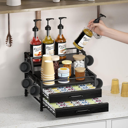 Homsorout Coffee Syrup Rack Organizer - 4-Tier 8 Syrup Wine Bottles Stand with 82 Storage Drawer for K Cups, Coffee Pod Holder for Countertop, Bar Station, Kitchen, Rustic Brown