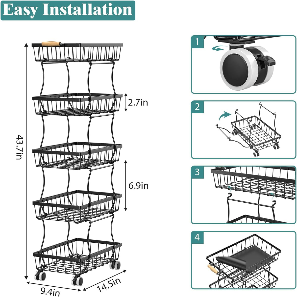 CHLORYARD 4 Tier Slim Fruit Basket for Kitchen, Stackable Metal Wire Fruit Vegetable Storage Baskets Organizer Stand on Wheels, Produce Basket Potato Onion Storage Bins Rack for Pantry. (Black)