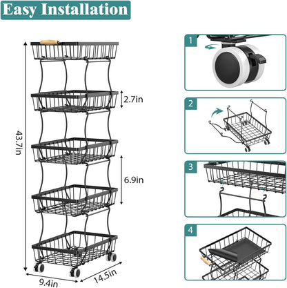 CHLORYARD 4 Tier Slim Fruit Basket for Kitchen, Stackable Metal Wire Fruit Vegetable Storage Baskets Organizer Stand on Wheels, Produce Basket Potato Onion Storage Bins Rack for Pantry. (Black)