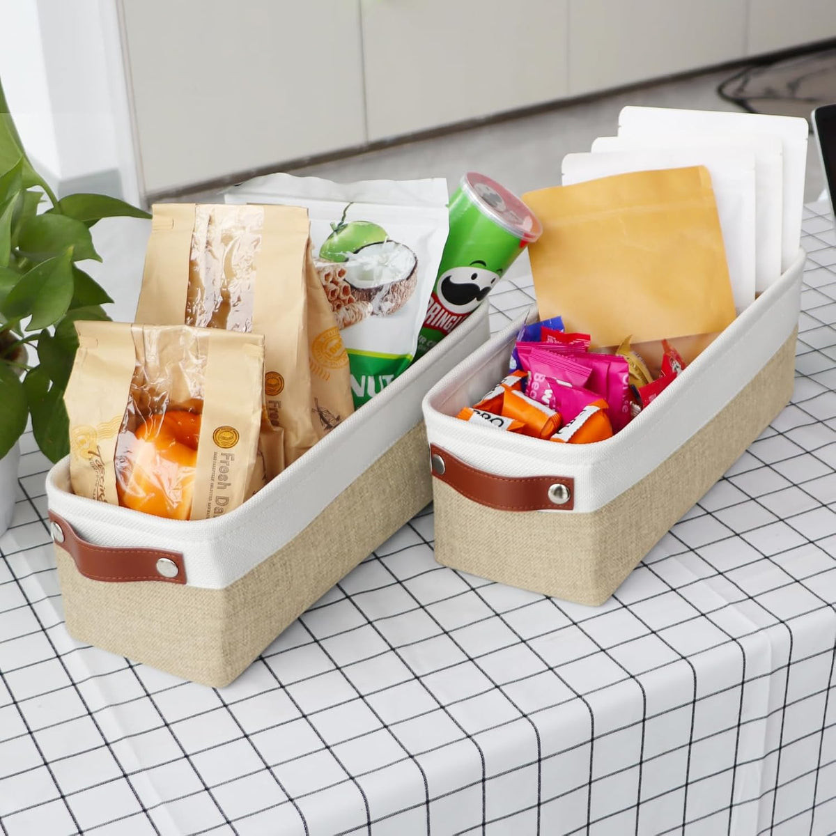 Univivi 4PC Small Fabric Storage Bins,15x6x5 inch Long Narrow Storage Baskets with PU Handles for Closet,Cabinet,Countertop Organizing Small Items (Gray,15x6x5 inch)