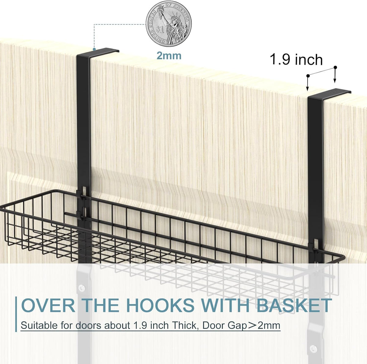 Over the Door Pantry Organizer 3 Tier Hanging Basket Back Door Storage Rack Shelf Metal Over the Door Shelves with 3 Baskets and 5 Hooks for Bathroom Kitchen Pantry Bedroom, Black
