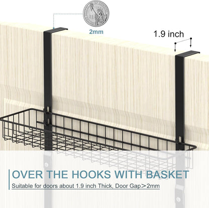 Over the Door Pantry Organizer 3 Tier Hanging Basket Back Door Storage Rack Shelf Metal Over the Door Shelves with 3 Baskets and 5 Hooks for Bathroom Kitchen Pantry Bedroom, Black