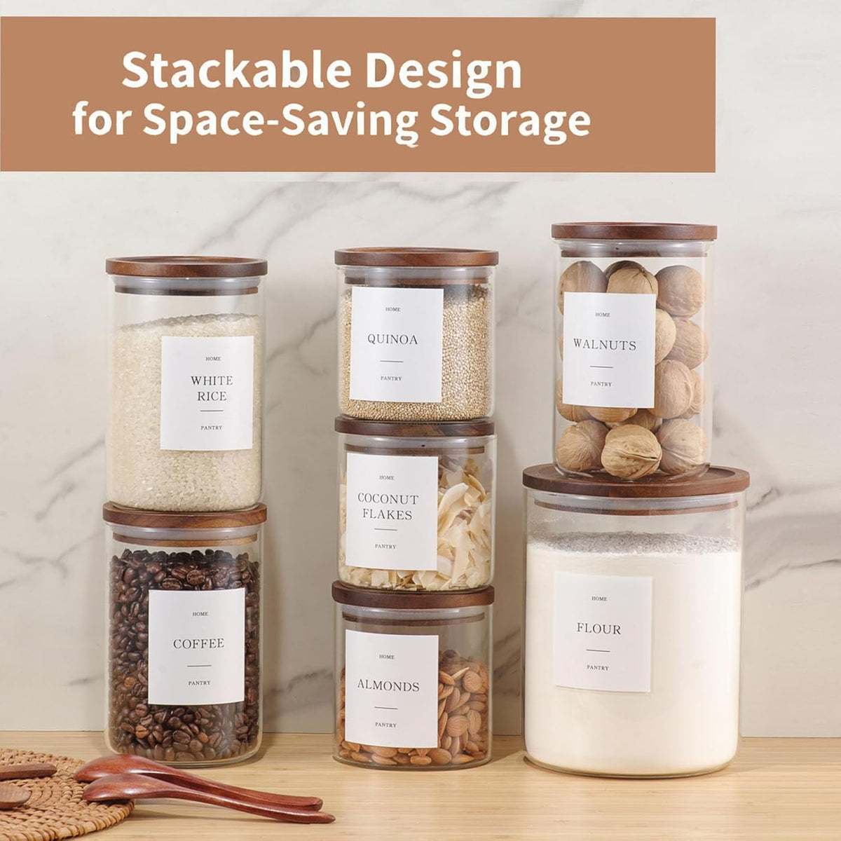 Glass Rice Containers with Acacia Wood Lids, 70oz Airtight Flour and Sugar Jars with 105 Labels, Large Glass Pantry Storage Jars for Cereal, Protein Powder, Cookies, Dry Food