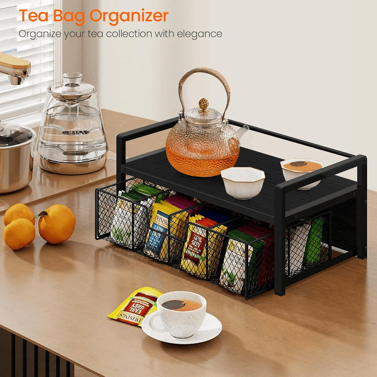 Homode Tea Bag Organizer, Wood Tea Organizers and Storage Chest, Teabag Holder with Storage Drawer,Tea Station Chest Display Container Box for Countertop Kitchen, Rustic Brown