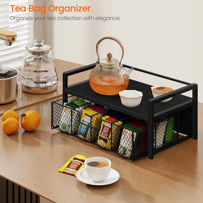 Homode Tea Bag Organizer, Wood Tea Organizers and Storage Chest, Teabag Holder with Storage Drawer,Tea Station Chest Display Container Box for Countertop Kitchen, Rustic Brown