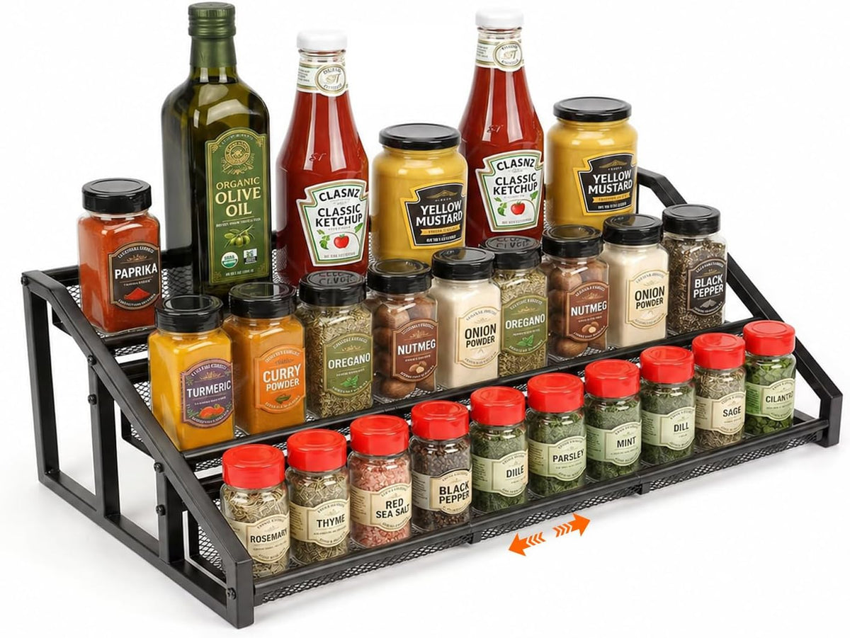 3 Tier Expandable Spice Rack Organizer for Kitchen,13.7"-23.6" Heavy Duty Spice Organization Shelf,Metal Pantry Storage Shelves Racks, Good Space for for Pantry, Counter top,Patent Pending