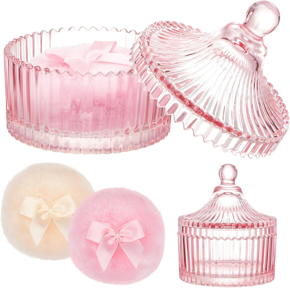 Tioncy 3 Pcs Large Body Powder Puff and Container Valentine's Day gift Powder Container with Puff Crystal Case Soft Washable Reusable Velour Face Body Glitter Wet Dry Makeup (Classic,Clear)