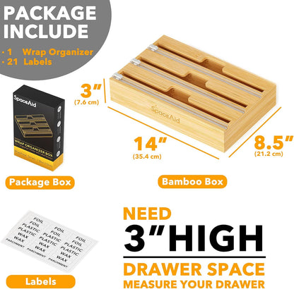 SpaceAid WrapNeat 2 in 1 Wrap Organizer with Cutter and Labels, Plastic Wrap, Aluminum Foil and Wax Bamboo Dispenser for Kitchen Storage Organization Holder for 12" Roll (Natural)