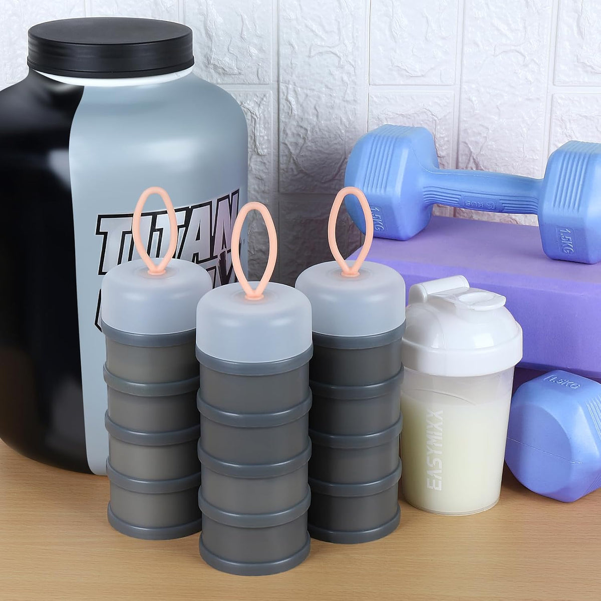 Accmor Protein Powder Container to Go with Funnels Stand, 4 Compartments Stackable Protein Powder Dispenser for Workout, Fitness, Travel