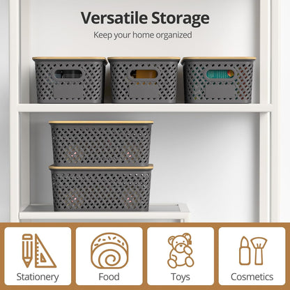 Plastic Storage Bins with Bamboo Lids, Stackable Small Box Baskets for Organizing and Containers for Shelves Drawers Desktop Closet Pantry Classroom Office Home, 6 Pack 10.2x7.2x4.1 Inch, Black
