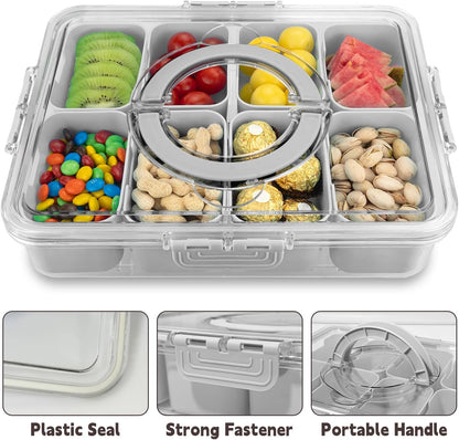 Divided Serving Tray with Lid and Handle,8 Compartments Snacks Box,Snack Fruit Tray,Veggie Tray,Portable Platter for Candy Fruits Nuts Snack Party Entertaining Picnic