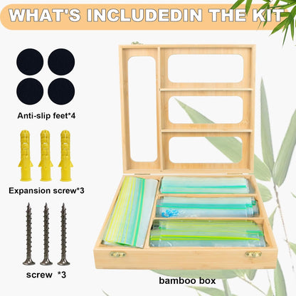 Bamboo Food Bag Organizer for Kitchen Drawer, a bamboo 4 slots - made dispenser container for plastic bags.Suitable for Gallon Quart Sandwich & Snack Variety Size Bag