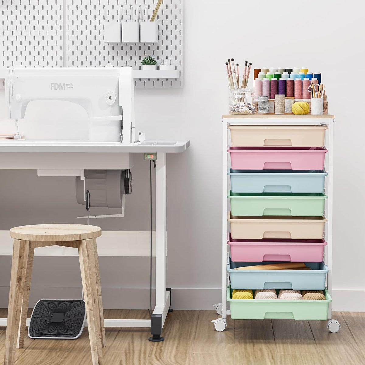 Rolling Cart with Drawers, Pink Cart with 8 Plastic Drawer Storage and Wooden Tabletop, Craft Storage, Teacher Cart, Storage Cart on Wheels, Rose Pink