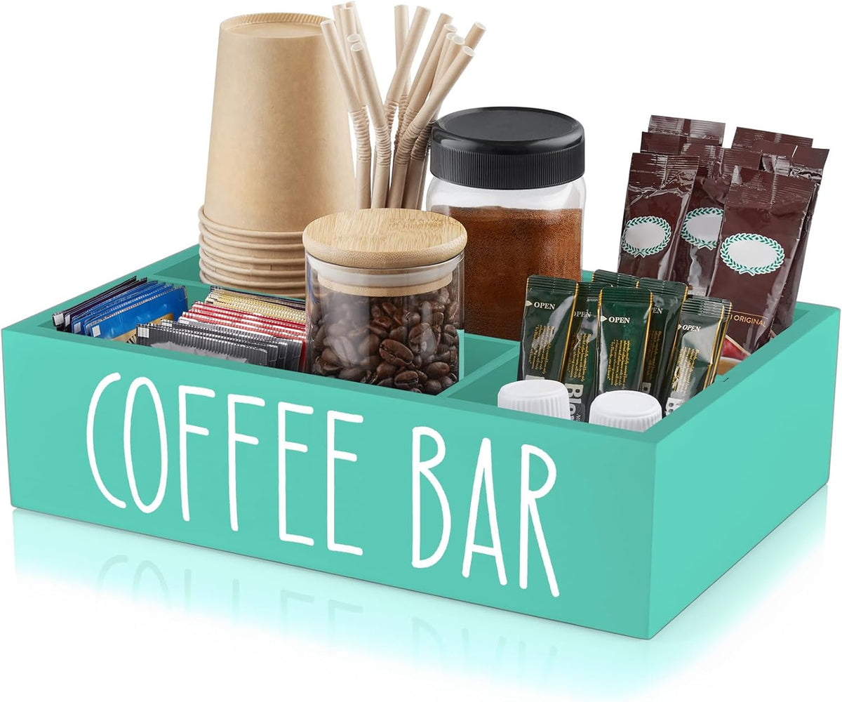 ALELION Coffee Station Organizer - Wood Countertop Accessories Organizer with Removable Dividers for Pods Condiment Syrup Tea Cups Stirrers - for Farmhouse Coffee Bar Decor