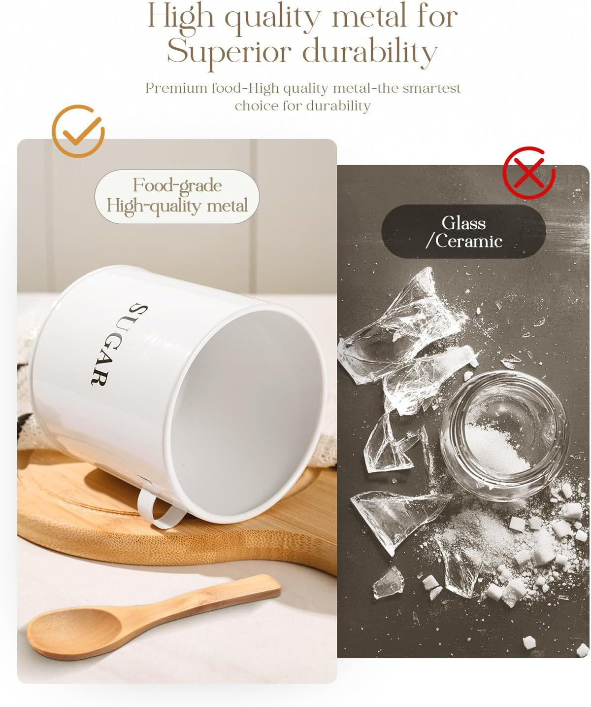 AISBUGUR Sugar Bowl with Lid and Spoon: 17oz Metal Sugar Container - Airtight Food Sugar Jar - Coffee Bar Accessories - Countertop Kitchen Decor (White)