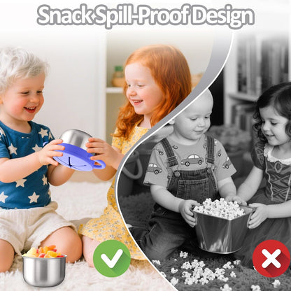 BUSOHA 2 Pack Stainless Steel Toddler Snack Cups - 9 OZ Spill-Proof Baby Snack Containers with Silicone Catcher and Lid Travel Snack Containers for Kids Food Grade Silicone Dishwasher Safe