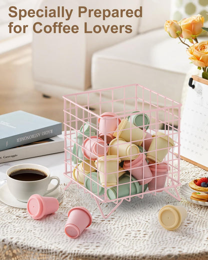 FantasyLife K Cup Holder Organizer, 5.3" x 5.3" x 6.3" Coffee Pod Storage Basket, Coffee Bar Accessories Metal Basket, Large Capacity Countertop Organizer for Kitchen Counter & Office Desktop (Gold)