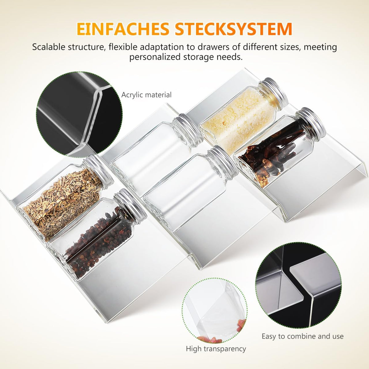 Cabilock 4 Pack Expandable Spice Drawer Organizer, Clear Acrylic 4-Tier Seasoning Rack Tray for Kitchen Drawers, Cabinets, Countertop, Pantry, Nail Polish and Small Bottles