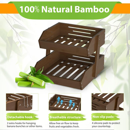 Gmtsl Bamboo Fruit Basket for Kitchen – 3 Tier Fruit Bowl For Kitchen Counter, Large Fruit Holder With 2 Banana Hangers, Idea For Fruit and Vegetable Storage, Bread Basket, Snack Organizer(BLACK)