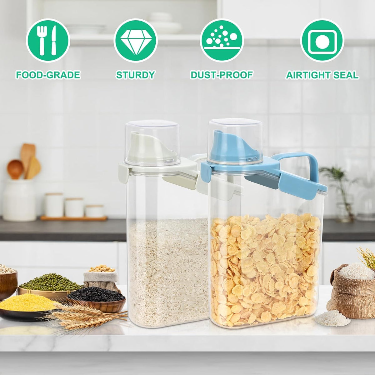 TBMax Rice Container Cereal Storage Container 2 Pack 5 Lbs, Kitchen Pantry Dry Food Storage Holder with Easy-Pouring Spout & Handy Cup, Small Pet Dog Cat Food Dispenser for Daily Feeding -Grey