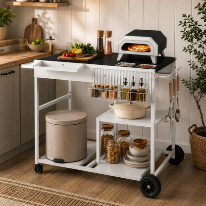 SUNLEI Rolling Cart Kitchen Storage Organizer with Spice Basket, Kitchen Island on Wheels with Paper Towel Holder, Lockable Wheels & Bottle Opener, Trash Bag Holder for Kitchen(Black)