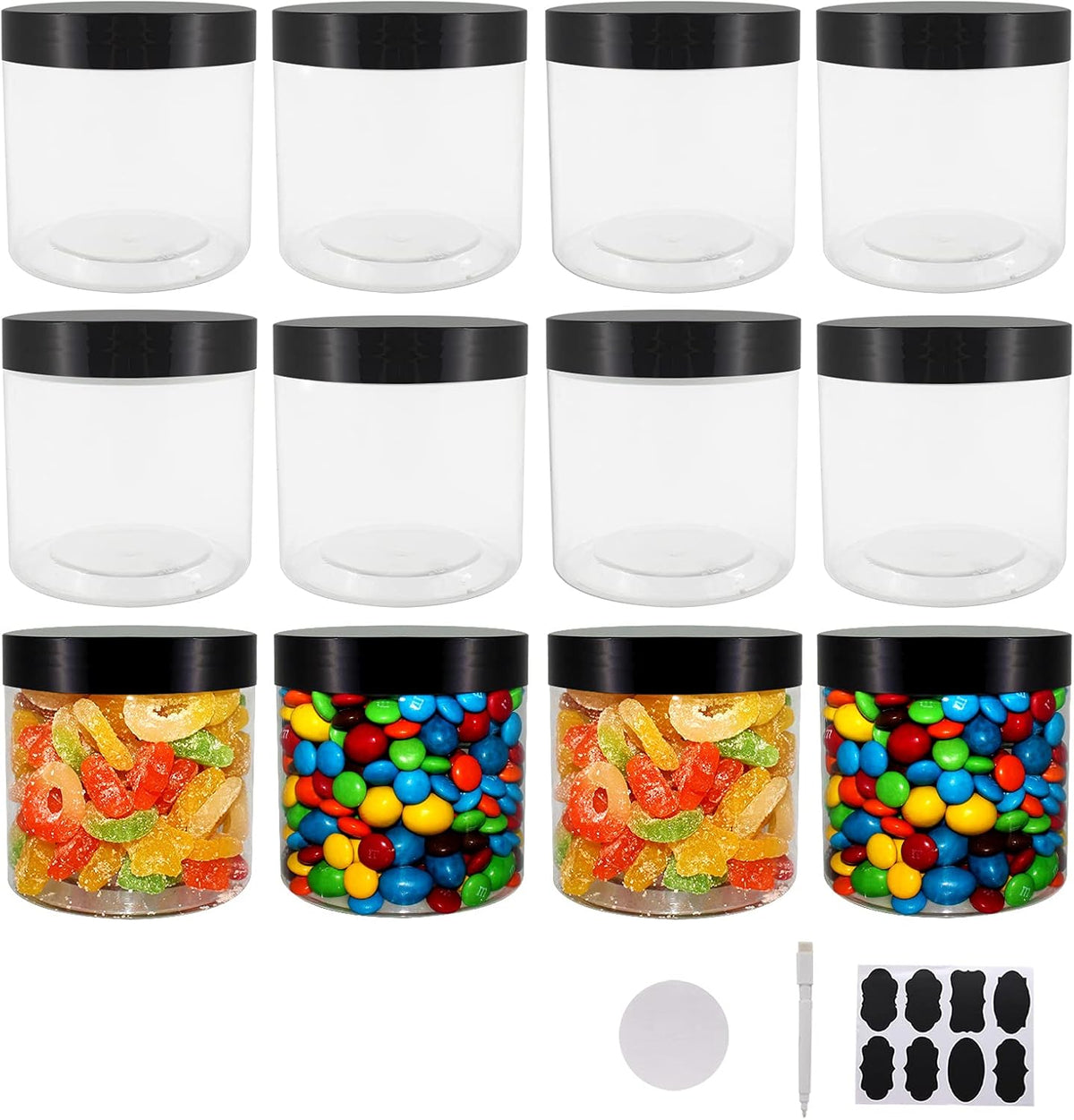 zmybcpack 16 oz Plastic Jars with Lids, Extra Labels, 1 Pen, Clear PET Seal Jar for Food Storage,Wide Opening Storage jar For Dry Food, Peanut, Powder, Kitchen & Craft Storage