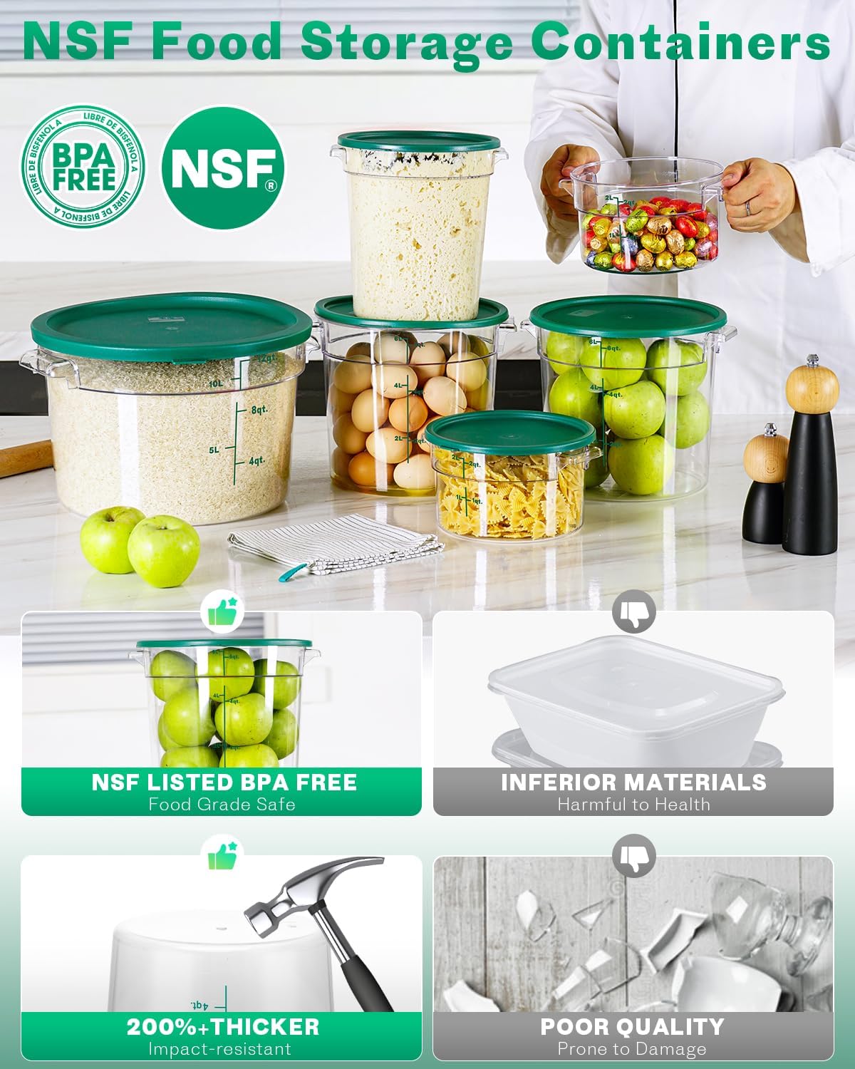 4QT NSF Food Storage Containers: 8 PCS [Food Grade][Hot&Cold Resistant] Commercial Clear Food Storage Containers with Lids for Restaurant Kitchen Proof Dough, Measuring Spoons Included(BPA FREE) - Colors A