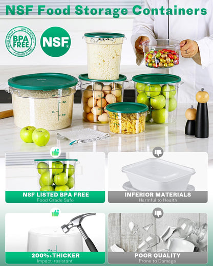 4QT NSF Food Storage Containers: 8 PCS [Food Grade][Hot&Cold Resistant] Commercial Clear Food Storage Containers with Lids for Restaurant Kitchen Proof Dough, Measuring Spoons Included(BPA FREE) - Colors A