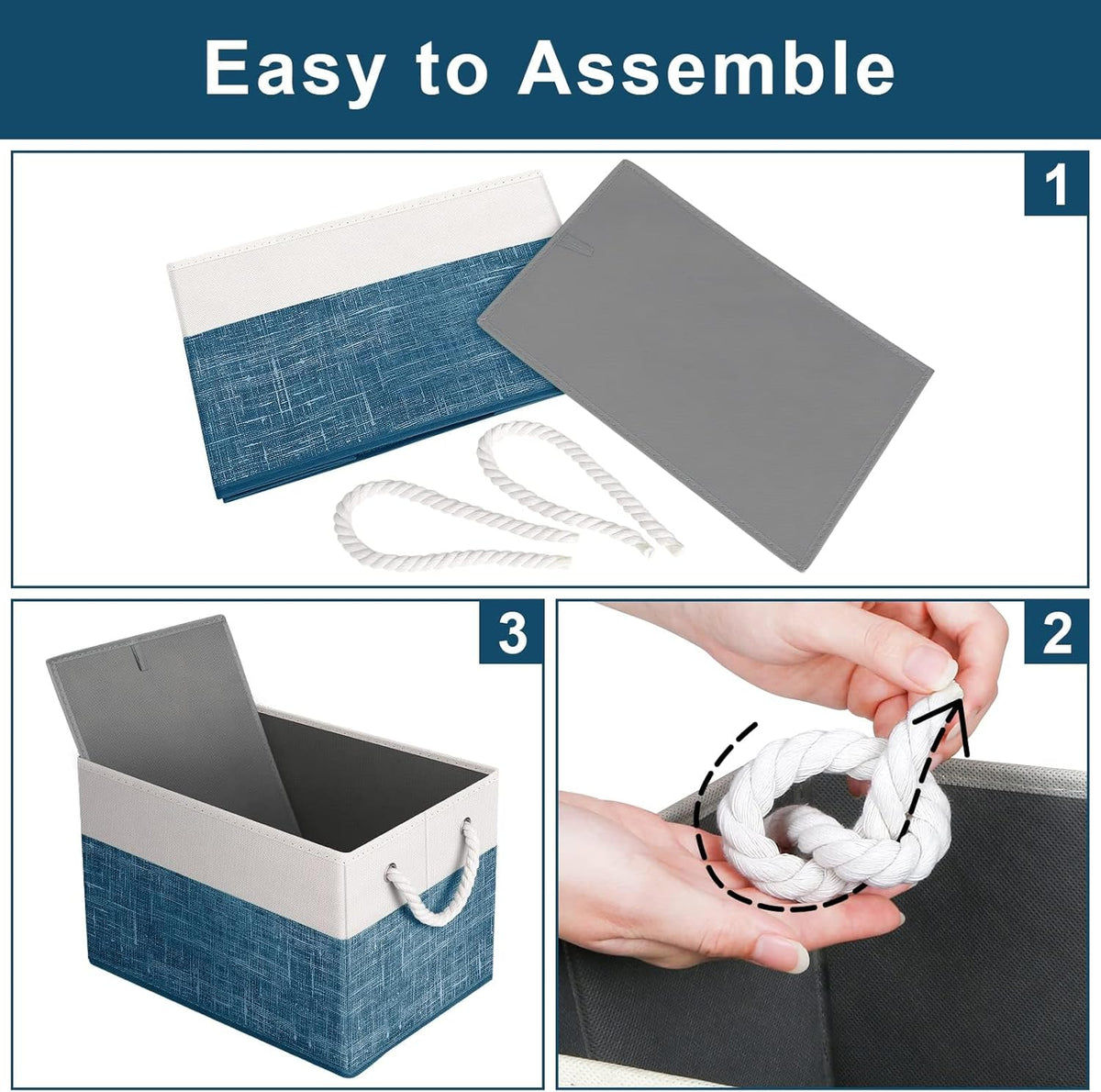 Fab totes Storage Bins, Foldable Storage Baskets for Organizing Toys, Books, Shelves, Closet, Large Storage Box with Rope Handles, Sturdy Organizer Bins, White & Grey