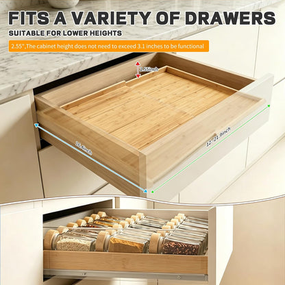 Bamboo Spice Drawer Organizer Expandable(Need 2.6" Deep Drawer), 4-Tier Spice Rack Drawer Insert for Kitchen Cabinets(From 12" to 21.9" Wide), Adjustable Seasoning Storage Insert (Jars Not Included)